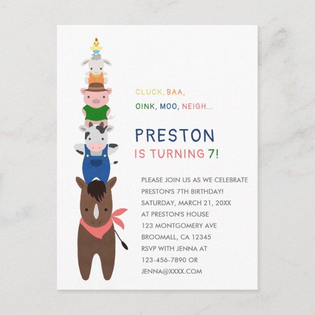 Cute Farm Animals Birthday Party Invitation Postcard (Front)