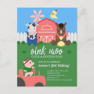 Cute Farm Animals Birthday Party Invitation Postcard