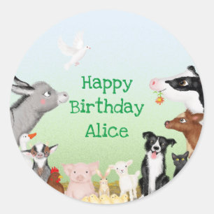 Cute farm animals birthday party round stickers