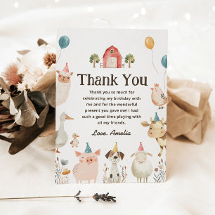 Cute Farm Animals Birthday Party Thank You Card