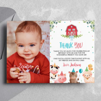 Cute Farm Animals Birthday Photo Thank You Card