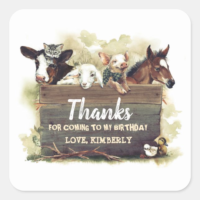 Cute Farm Animals Birthday Thank You Square Sticker (Front)