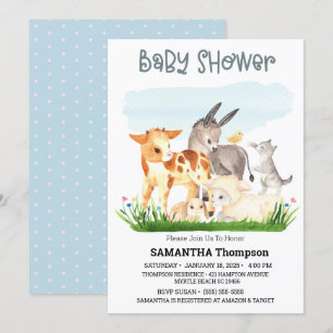 Cute Farm Animals Blue Boys Baby Shower Invitation