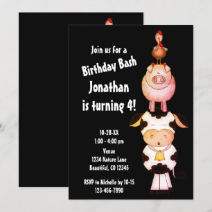Cute Farm Animals Cow, Pig, Rooster Birthday Invitation