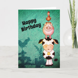 Cute Farm Animals Cow, Pigs and Roosters Birthday Card