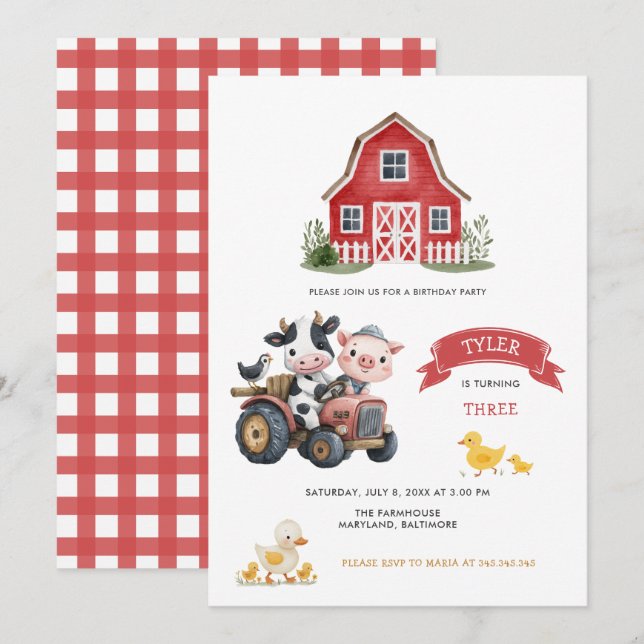 Cute Farm Animals Farmhouse Birthday Party Invitation (Front/Back)