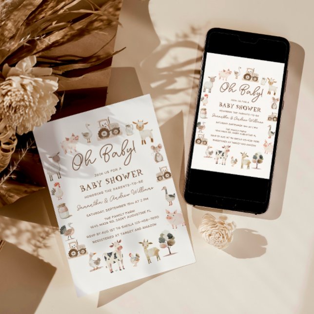 Cute Farm Animals Gender Neutral Baby Shower Invitation (Creator Uploaded)