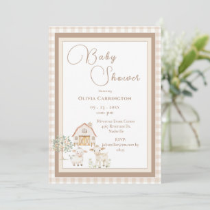 Cute Farm Animals Gingham Baby Shower Invitation