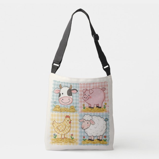 Cute Farm Animals Gingham Barnyard Crossbody Bag (Front)