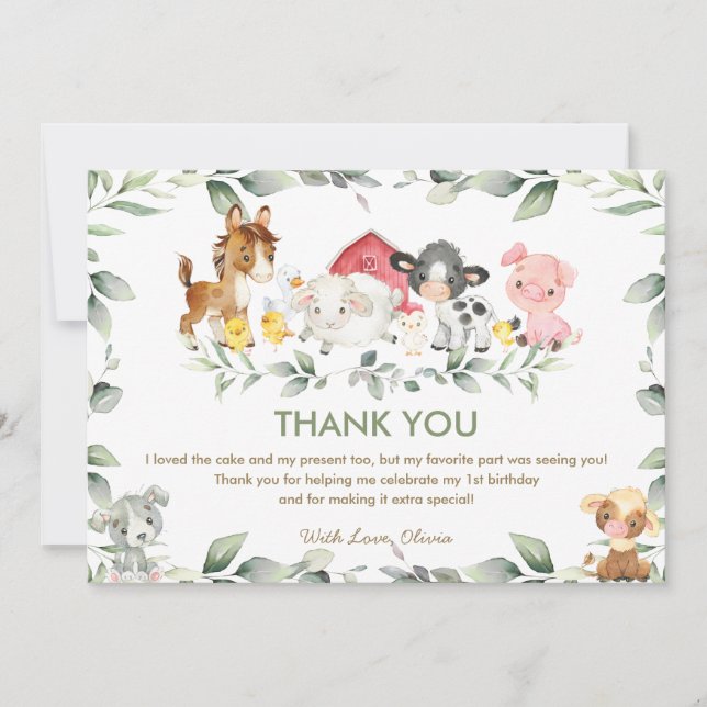 Cute Farm Animals Greenery Baby Shower Birthday Thank You Card (Front)