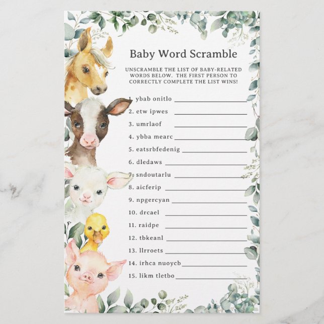 Cute Farm Animals Greenery Baby Word Scramble Game (Front)