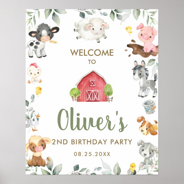 Cute Farm Animals Greenery Birthday Welcome Sign (Front)