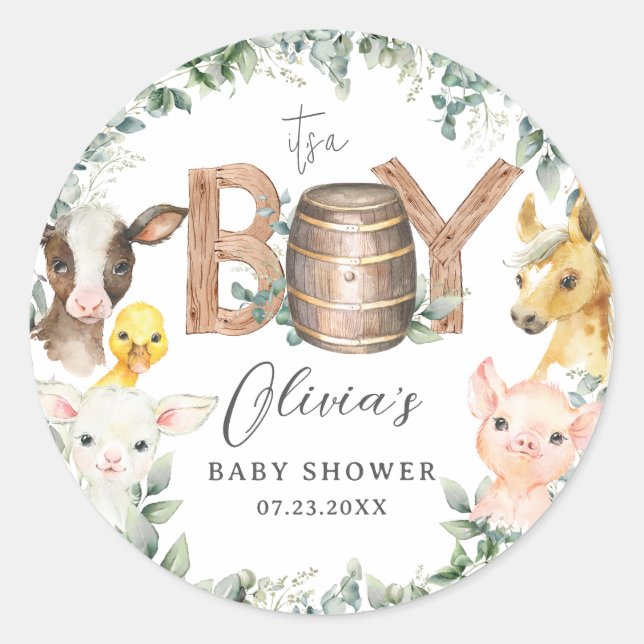 Cute Farm Animals Greenery Boy Barn Baby Shower  Classic Round Sticker (Front)