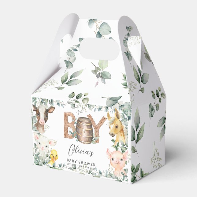 Cute Farm Animals Greenery Boy Barn Baby Shower  Favour Box (Front Side)