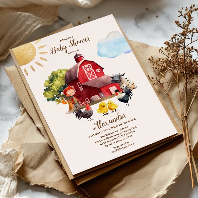 Cute Farm Animals Greenery Boy Barn Baby Shower Invitation (Creator Uploaded)