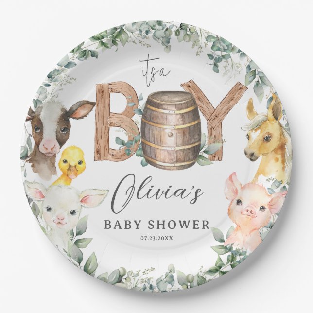 Cute Farm Animals Greenery Boy Barn Baby Shower  Paper Plate (Front)