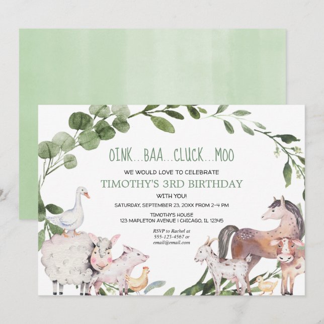 Cute farm animals greenery boy birthday party invitation (Front/Back)