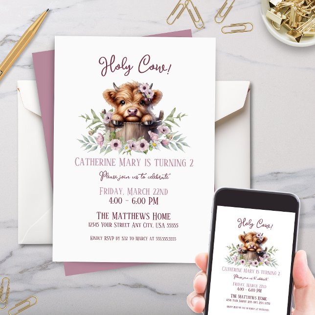 Cute Farm Animals Highland Cow Pink Girl Birthday Invitation (Cute pink purple highland cow in farm animal wooden pail with floral greenery for kids birthday)