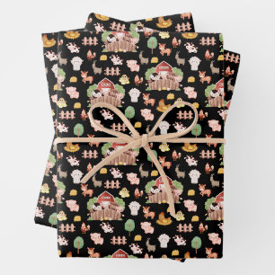 Cute Farm Animals on Black Wrapping Paper Sheet
