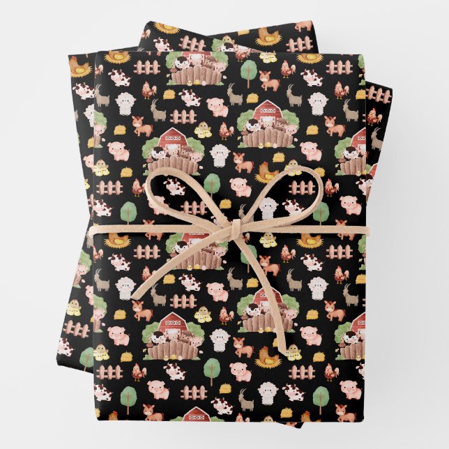 Cute Farm Animals on Black Wrapping Paper Sheet (In situ)