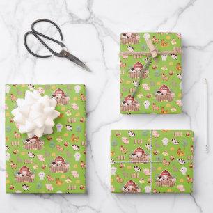 Cute Farm Animals on Bright Green Wrapping Paper Sheet