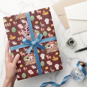 Cute Farm Animals on Brown Wrapping Paper