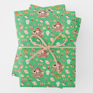 Cute Farm Animals on Green Wrapping Paper Sheet