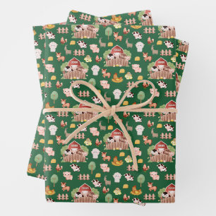 Cute Farm Animals on Hunter Green Wrapping Paper Sheet