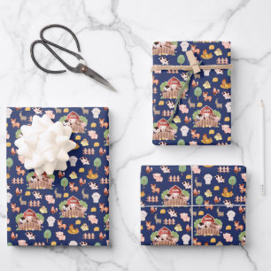 Cute Farm Animals on Navy Blue Wrapping Paper Sheet