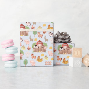 Cute Farm Animals on Pale Blue Wrapping Paper