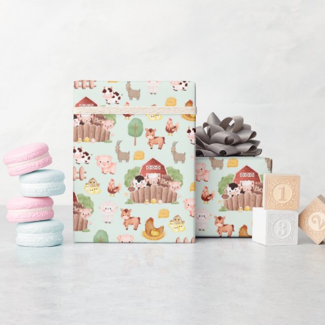 Cute Farm Animals on Pale Green Wrapping Paper (Baby Shower)