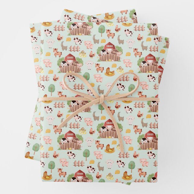 Cute Farm Animals on Pale Green Wrapping Paper Sheet (In situ)