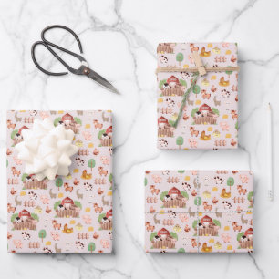 Cute Farm Animals on Pale Pink Wrapping Paper Sheet