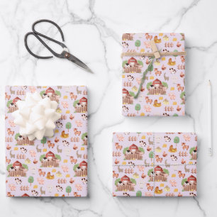 Cute Farm Animals on Pale Purple Wrapping Paper Sheet