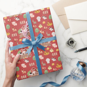 Cute Farm Animals on Prismatic Red Wrapping Paper