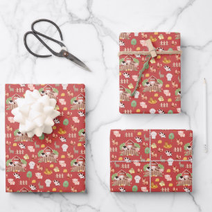 Cute Farm Animals on Prismatic Red Wrapping Paper Sheet