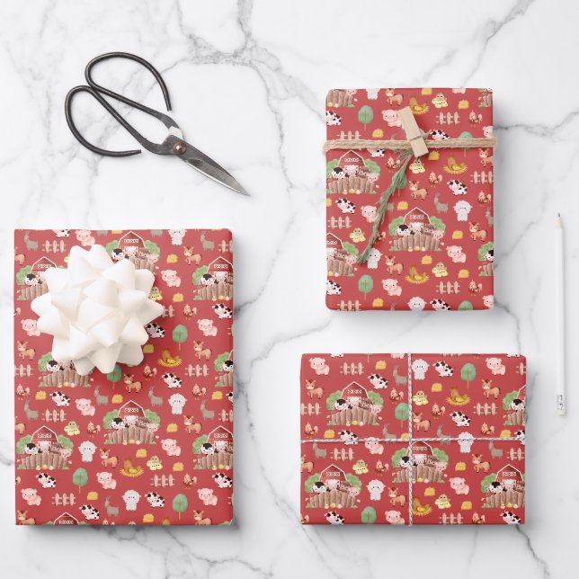Cute Farm Animals on Prismatic Red Wrapping Paper Sheet (Front)