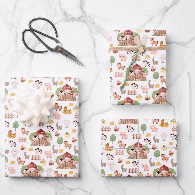 Cute Farm Animals on White Wrapping Paper Sheet (Front)