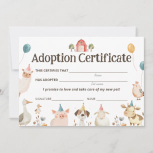 Cute Farm Animals Party Adoption Certificate Card