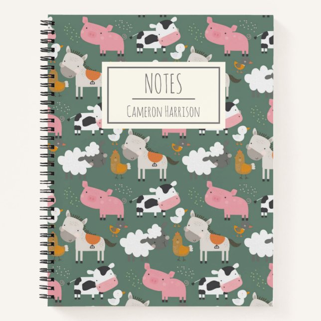 Cute Farm Animals Pattern in Green Personalised Notebook (Front)
