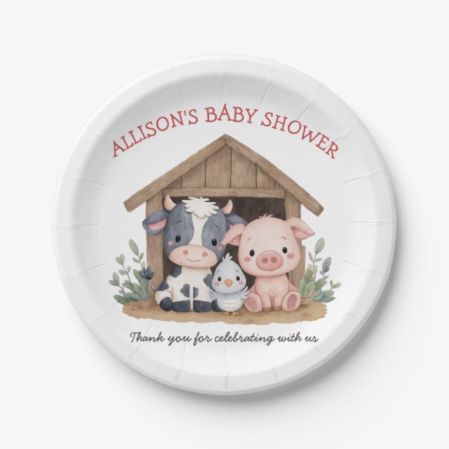 Cute Farm Animals Pig Cow Baby Shower Paper Plate (Front)
