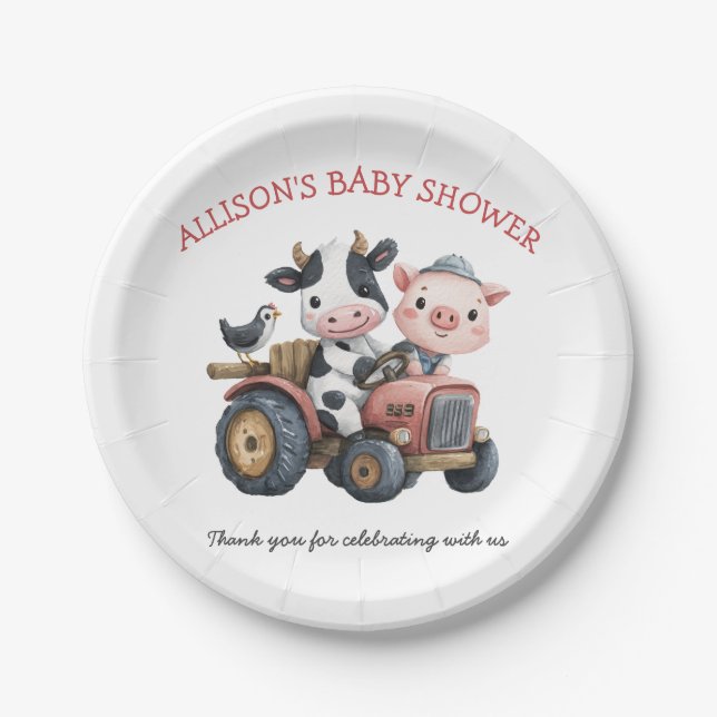Cute Farm Animals Pig Cow Barnyard Baby Shower Paper Plate (Front)
