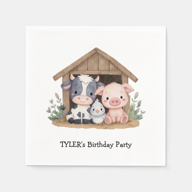 Cute Farm Animals Pig Cow Birthday Party Napkin (Front)