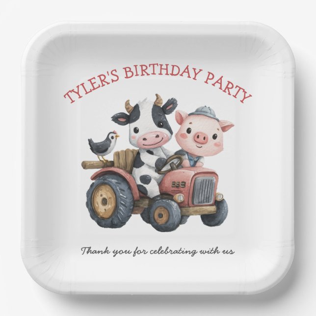 Cute Farm Animals Pig Cow Birthday Party Paper Plate (Front)