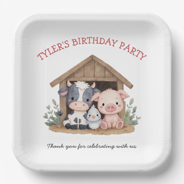 Cute Farm Animals Pig Cow Birthday Party Paper Plate (Front)