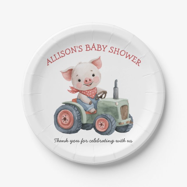 Cute Farm Animals Pig Tractor Baby Shower Paper Plate (Front)