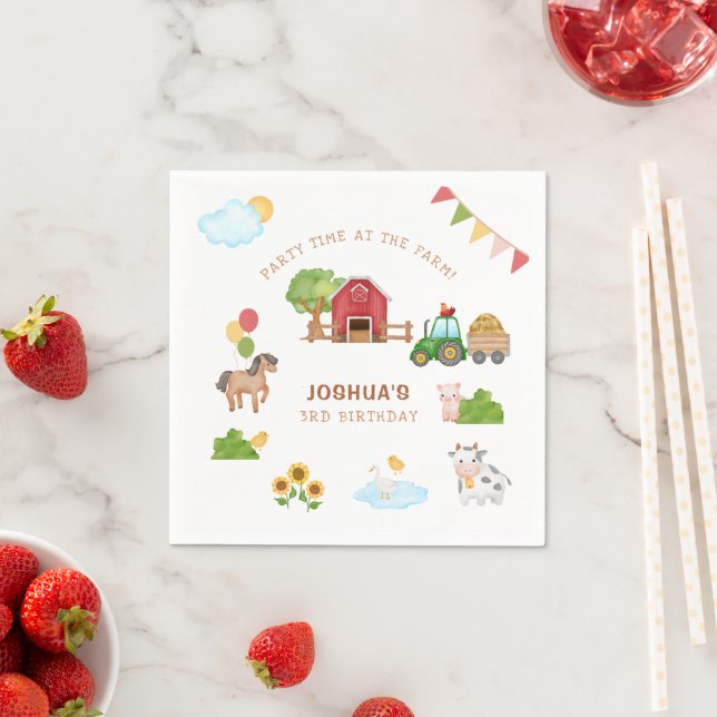 Cute Farm Animals Red Barn Tractor Paper Plate Napkin (Insitu)