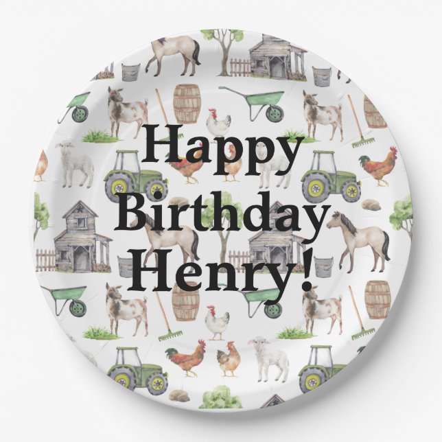 Cute Farm Animals Tractors Name Happy Birthday Boy Paper Plate (Front)