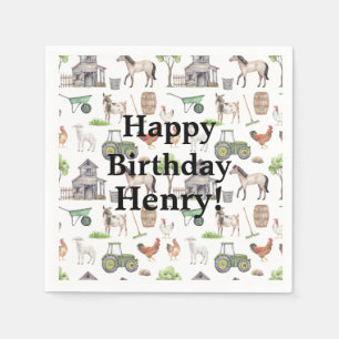 Cute Farm Animals Tractors Name Happy Birthday Napkin