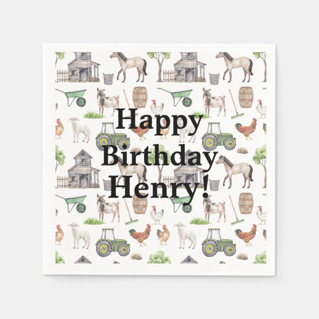Cute Farm Animals Tractors Name Happy Birthday Napkin (Front)